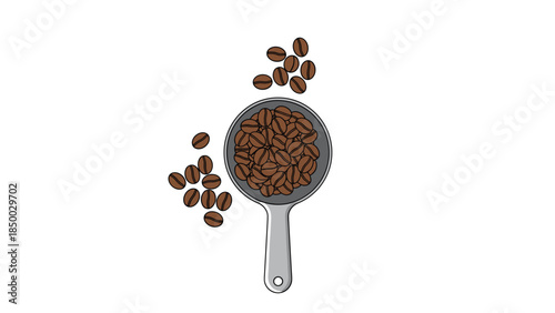 A silver measuring spoon is filled with roasted coffee beans and some are scattered around it, representing a morning beverage.