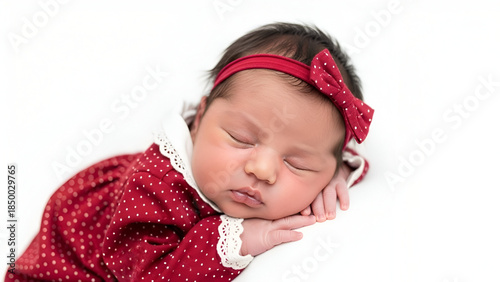 A peaceful newborn sleeps soundly, dressed in a red polka-dot outfit with a matching bow headband.
Soft light and gentle details capture innocence, warmth, and tender newborn charm