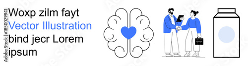 Brain health, teamwork, business solutions, dairy industry, product design, health science. A brain with a heart, two individuals shaking hands milk carton design. Brain health and teamwork concept