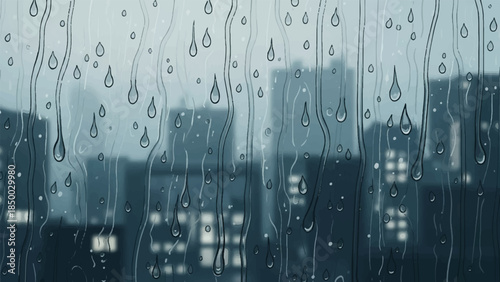 Rainy window overlooking city lights at night, atmospheric illustration