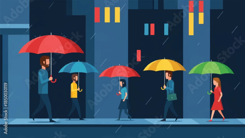 Urban scene with diverse people walking under colorful umbrellas during a rainy day in the city