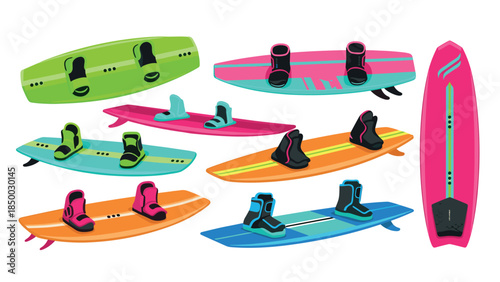 Colorful collection of surfboards and wakeskate boards with boots set
