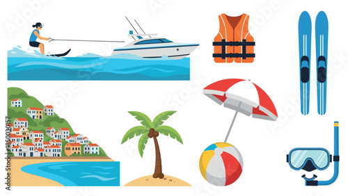 Beach vacation elements: boat, coastal village, water sports, and tropical fun