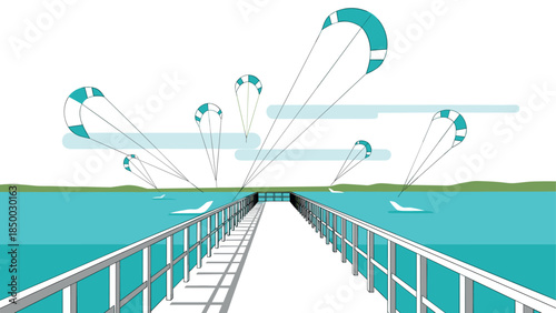 Dynamic coastal scene with pier and colorful kites in a minimalist design