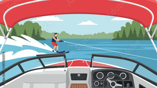 Dynamic scene of waterskiing behind a speedboat on a sunny lake day