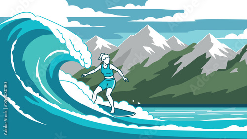 Surfer riding a wave in mountainous landscape with dynamic curves