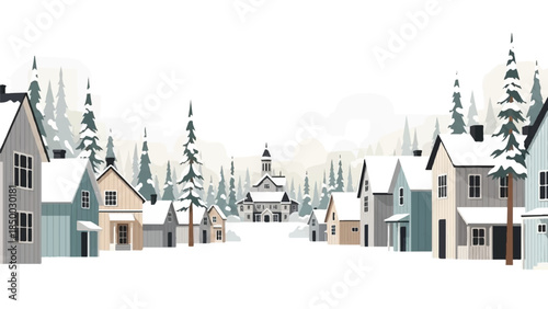 Charming Winter Village Illustration with Snow-Covered Houses and Evergreen Trees Leading to a Distant Church