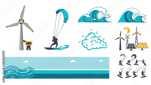 Renewable energy meets adventure: windsurfing by turbines and ocean waves in flat design