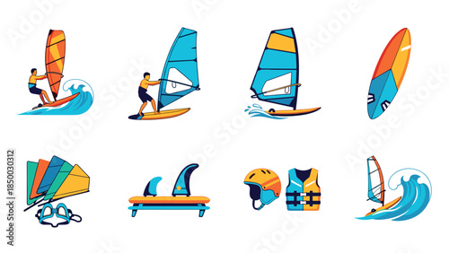 Colorful windsurfing elements set: boards, sails, and gear in modern style