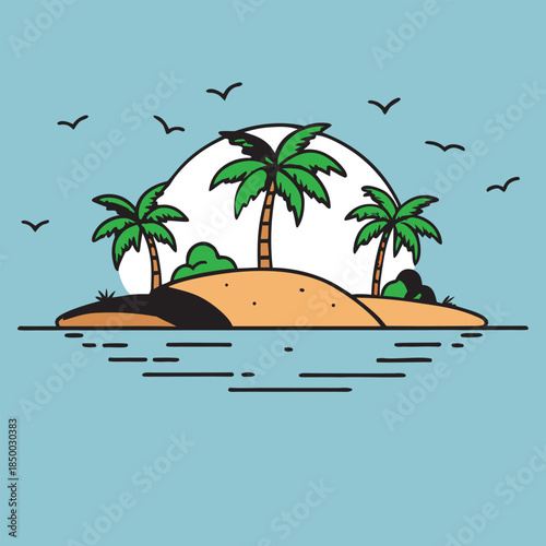  Tropical palm tree,house,beach vector illustration.