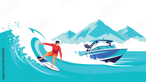 Surfer riding waves next to speedboat in vibrant ocean scene with mountains
