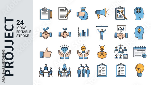Sleek and vibrant vector icons representing project management, business strategy, team collaboration, and innovative development concepts for success