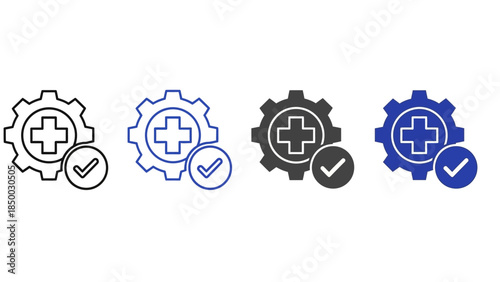 Sleek Solid Vector Icons for Medical Health System Settings, Process Optimization, and Verified Healthcare Solutions with a Success Checkmark Indication