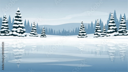 Peaceful winter landscape with snow-covered evergreen trees reflected in a frozen lake