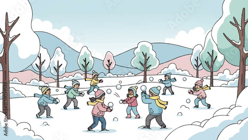 Joyful Children Engaged in an Energetic Snowball Fight Amidst a Beautiful Winter Landscape Scene