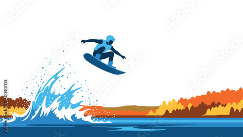 Dynamic wakeboarding adventure: thrilling jump on autumn lake