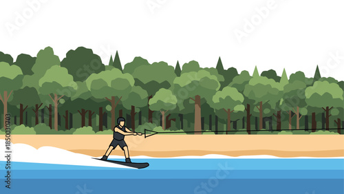 Wakeboarding adventure on scenic lake with lush forest backdrop in minimalist style