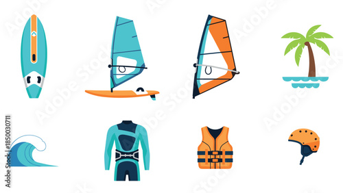 Water sports elements: surfboard, windsurfing, palm tree, wave, wetsuit, life jacket, helmet