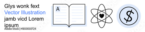 Education, science, finance, learning symbols, business analysis, conceptual icons. Open book, atom with heart and currency symbol in modern design. Education and science in focus