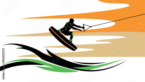 Dynamic wakeboarding silhouette with vibrant wave accents in trendy design