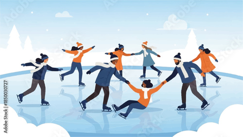 Joyful diverse group of friends having fun and helping each other while ice skating outdoors during winter season