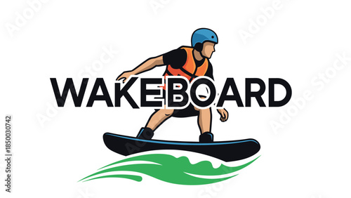Dynamic wakeboarder gliding on wave with helmet