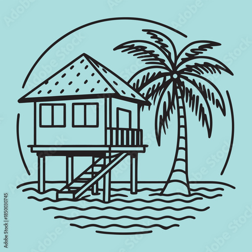 vintage tropical palm tree,house,beach vector line art illustration.