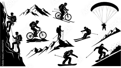 Sleek solid vector silhouette collection of dynamic mountain adventure sports, featuring rock climbing, mountain biking, skiing, snowboarding, paragliding, and hiking scenes