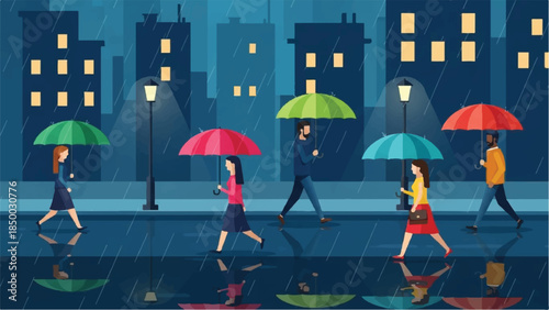 People walk on a rainy city street at night, carrying colorful umbrellas with reflections on the wet pavement