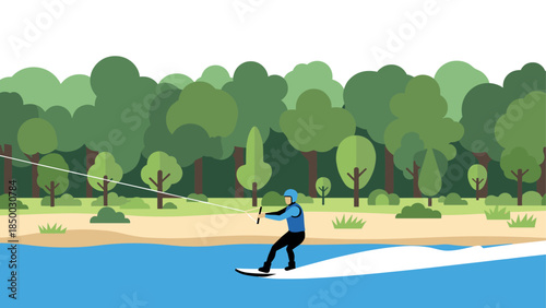 Wakeboarder enjoying adventure on serene lake with forest backdrop, flat design