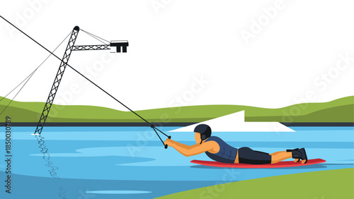 Wakeboarding adventure in flat style on a lake with cable system and green hills