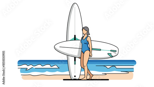Female surfer in swimsuit standing with surfboard on beach