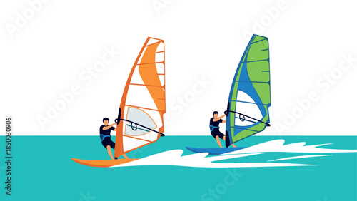 Dynamic windsurfing adventure with colorful sails on clear waters