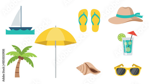 Summer beach essentials: vibrant flat icons of vacation fun
