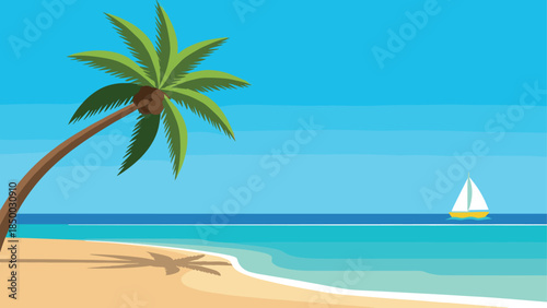 Tropical beach scene with palm tree and sailboat on a sunny day