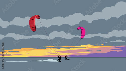 Colorful paragliding adventure at sunset sky with scenic ocean view