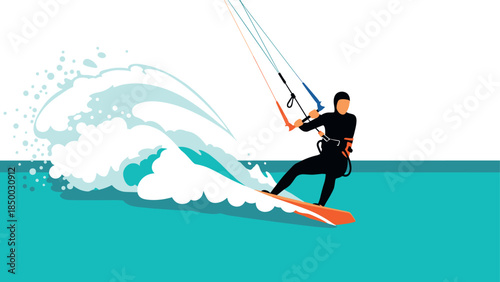 Dynamic kiteboarding action with splashing waves in flat design