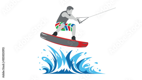 Wakeboarder performing jump with splash of water in dynamic style