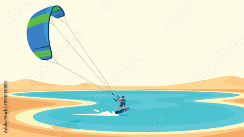 Kitesurfing adventure in desert oasis lagoon with vibrant kite