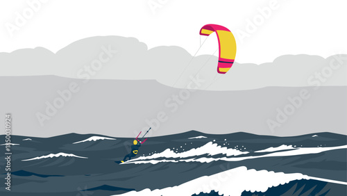 Dynamic kite surfing adventure on ocean waves with stormy sky backdrop