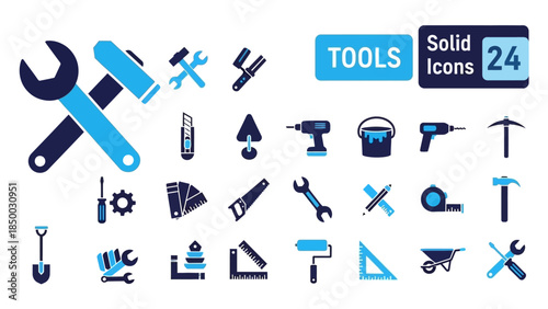 A collection of 24 solid blue and light blue icons representing various tools and construction equipment, suitable for design projects