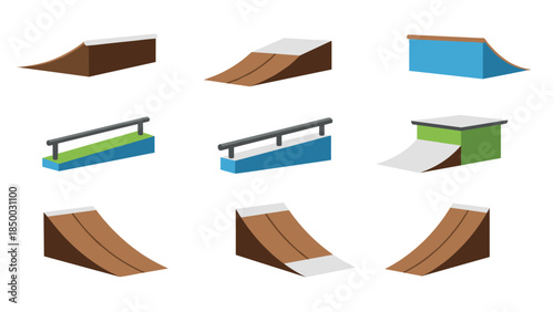 Set of 3d skate park ramps and rails in isometric style