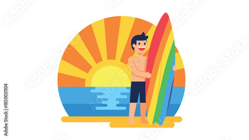 Surfer boy with rainbow surfboard at sunset on the beach in flat design