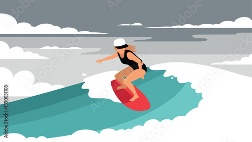 Minimalist surfing adventure: woman rides waves under cloudy sky