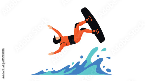 Dynamic wakeboarder in action on waves with orange suit and helmet