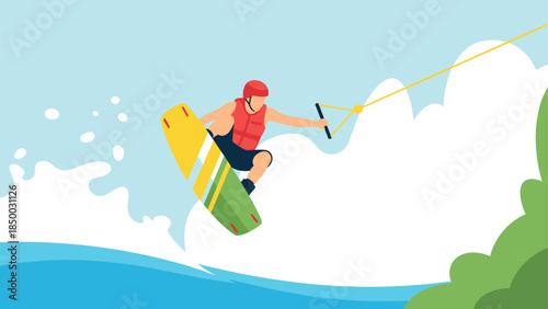 Dynamic wakeboarding adventure on a sunny day in flat design
