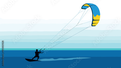 Silhouette kite surfer gliding across ocean with vibrant colorful sail