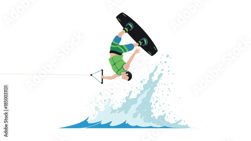 Dynamic wakeboarding stunt with splashes and energy in minimalist style
