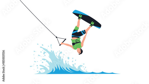 Exciting wakeboarding stunt against blue water splash