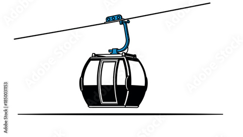 Minimalist cable car on suspended wire in black and white with blue accent